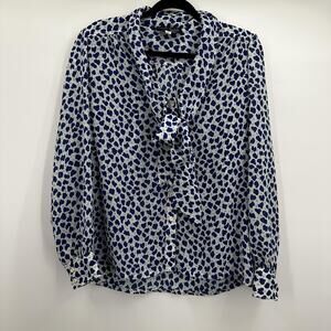 Vintage Givenchy Sport Blouse Womens 12 Blue Animal Print Long Sleeve Bow Top